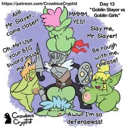 1boy 1girls 2025 2d 4girls big_breasts breasts combat_helmet crowbius_cryptid fantasy female femsub goblin goblin_female goblin_slayer goblin_slayer_(goblin_slayer) green_skin helmet human human_dominating human_dominating_humanoid human_male humanoid male maledom medieval monster_girl pussy sex shortstack tagme