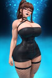 1girls 3d 3d_(artwork) abs ai ai_generated bangs big_ass big_breasts black_dress black_lips black_lipstick blunt_bangs breasts brown_hair busty cleavage cleavage_cutout cleavage_window dress female fishnet_legwear fishnets freckles glasses goth goth_girl goth_makeup goth_mommy halter_dress halter_top halterneck huge_breasts madz_(oc) muscle_mommy muscles muscular muscular_female plump_lips ponytail radnsad simple_background skin_tight slim_thick solo solo_female solo_focus thick thick_ass thick_legs thick_thighs tight_clothing toned toned_body toned_female