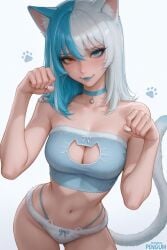 1girls ai_generated animal_ears asian asian_female barely_clothed blue_eyes blue_hair blue_lipstick cat_ears catgirl choker cleavage cleavage_cutout curvy_hips female heterochromia hips lipstick looking_at_viewer luna_snow luna_snow_(cool_summer) luna_snow_(marvel_rivals) marvel marvel_comics marvel_rivals multicolored_hair orange_eyes panties penguih two-tone_hair whiskers white_hair