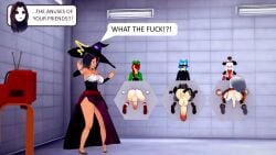 1girls 3boys ass ass_focus backsack balls ballsack big_ass big_penis billy_the_puppet black_hair blue_eyes blue_hair bottomless breasts cock cosplay female femboy hiderlink20 jess_(horndog) jigsaw_(saw)_(cosplay) koikatsu luigi_(cosplay) male mole_on_ass moruke_omura_(character) multiple_males multiple_penises orange_eyes penis red_hair saw_(series) shocked solid_snake_(cosplay) sorceress_(cosplay) stuck stuck_in_wall trapped white_hair