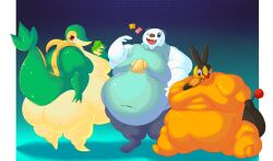 3boys eating fat game_freak morbidly_obese obese oshawott overweight pokemon pokemon_(species) simple_background sitting snivy tepig