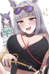 2girls animal_ears blush breasts cleavage clitoris earrings expressionless eyewear_on_head gold_ship_(run_revolt_launcher)_(umamusume) gold_ship_(umamusume) grey_hair highres horse_ears horse_girl horse_tail implied_masturbation jewelry long_hair mejiro_mcqueen_(umamusume) multiple_girls namikare necklace official_alternate_costume one-piece_swimsuit open_mouth purple-tinted_eyewear purple_eyes purple_hair smile spread_legs star_(symbol) sunglasses sweat swimsuit tail tinted_eyewear umamusume white_background