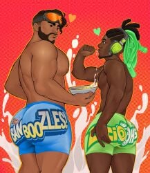 2boys apex_legends ass bara bara_ass big_ass big_ass_(male) big_butt booty_shorts cardboardbaux cereal crossover eating gay heart lucio_(overwatch) male male_focus male_only mirage_(apex_legends) muscular muscular_male overwatch spoon spoon_in_mouth take_your_pick topless underwear video_game_character video_games yaoi