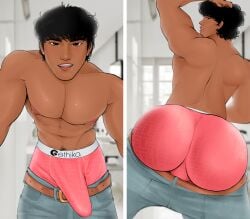 1boy ass back big_ass big_butt bubble_ass bubble_butt bulge cardboardbaux huge_ass huge_butt huge_cock kiloh_(cardboardbaux) livestream male male_focus male_only muscular muscular_male nipples original_character pants pants_down pecs round_ass round_butt solo solo_male text textless thick_ass thick_butt topless underwear