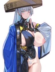 black_dress blue_eyes blue_haori bow_(bhp) breasts cleft_of_venus dress earrings female goddess_of_victory:_nikke groin haori hat highres huge_breasts japanese_clothes jewelry jingasa long_hair looking_at_viewer nayuta_(nikke) nipples one_breast_out pubic_hair pussy shakujou simple_background solo staff very_long_hair white_background white_hair