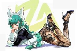 angry apron ass black_pantyhose black_romper bow braid braided_ponytail closed_mouth female full_body green_eyes green_hair hairbow harujio_(pokemon) head_rest high_heels highres juliet_sleeves lace_pantyhose lace_pantyhose_hooked_on_heel_(meme) lebanne_(pokemon) long_hair long_sleeves maid maid_apron maid_headdress meme nintendo one_eye_closed pantyhose pokemon pokemon_legends:_z-a puffy_sleeves romper see-through_clothes see-through_pantyhose solo sugahri white_bow