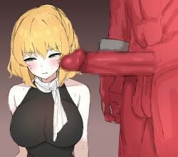 1boy 1girls big_breasts blonde_hair green_eyes kumiyabe mizuhashi_parsee oni red_skin scarf stare sweat touhou worried_expression