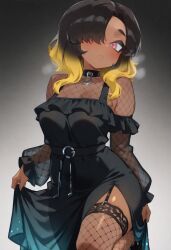 ai_generated bangs black_dress black_hair black_thighhighs blonde_hair blush breasts choker closed_mouth collar dark-skinned_female dark_skin dress female fishnet_thighhighs fishnets frills garter_straps gradient gradient_background gradient_hair hair_over_one_eye heart heart-shaped_pupils long_hair long_sleeves looking_at_viewer medium_breasts medium_hair multicolored_hair o-ring pink_eyes see-through_sleeves side_slit skirt_hold solo symbol-shaped_pupils thighhighs two-tone_hair