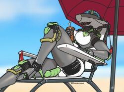 1_eye aeromorph aircraft airplane anthro areola beach_chair beach_umbrella beverage breasts cockpit container cup female futa_only futanari genitals grey_body intersex jet living_aircraft living_machine living_vehicle machine metallic_body nipples not_furry nude nude_anthro nude_female parasol penis robot russy_(artist) simple_background solo vehicle