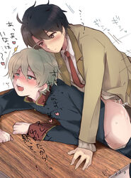 2boys aldnoah.zero anal asa_(krt!) brown_eyes brown_hair clothed_sex cum cum_on_ass desk gay green_eyes kaizuka_inaho male male_only military military_uniform multiple_boys multiple_males necktie open_mouth school_uniform sex short_hair silver_hair slaine_troyard uniform yaoi