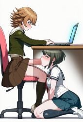 1boy 1femboy 1girls absurd_res absurdres ai_generated big_cock big_dick big_penis black_socks blowjob blue_skirt blue_socks blush breasts brown_hair brown_skirt computer danganronpa danganronpa:_trigger_happy_havoc danganronpa_ultra_despair_girls desk_chair fellatio female femboy femboy_on_female femboy_penetrating femboydom femsub fujisaki_chihiro green_eyes green_hair green_shirt huge_cock hung hung_femboy hung_trap kneeling kneeling_oral_position laptop large_cock large_dick large_penis male naegi_komaru novelai oral oral_sex penis penis_out red_tie school_uniform simple_background sitting sitting_at_desk small_but_hung stable_diffusion stealth_sex straight sucking_penis under_the_table veiny_penis white_shirt white_shoes