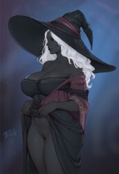 1girls absurdres bandai_namco bare_shoulders black_dress black_eyes black_hat black_skin blue_background breasts cleavage closed_mouth clothes_lift collarbone colored_skin commentary curly_hair dark_skin dress dress_lift elden_ring elden_ring_nightreign female freli fromsoftware gradient_background groin hat highres large_breasts large_hat lifting_own_clothes lips long_hair navel no_panties off-shoulder_dress off_shoulder profile recluse_(nightreign) signature solo standing thighs uncensored very_dark_skin white_hair witch_hat