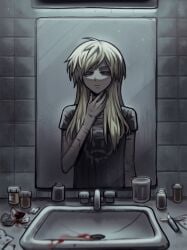 1girl 1girls bathroom black_nail_polish black_nails black_shirt blonde blonde_female blonde_hair blonde_hair_female blood blue_eyes boobs breasts bugs_bug_me class_of_'09 dark_nails depressed emily_(class_of_'09) female female_focus female_only hand_on_neck long_hair medium_breasts messy_hair nail_polish nails_painted painted_nails pale-skinned_female pale_skin sad self_harm self_harm_scars shirt white_body white_skin yellow_hair