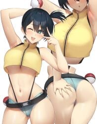 ;d armpits arms_up ass ass_grab asymmetrical_hair bangs bare_arms bare_shoulders belt black_hair blue_shorts blush breasts clothing crop_top crop_top_overhang cutoffs denim denim_shorts female female female_only grabbing_own_ass green_eyes groping gym_leader hair_between_eyes hand_on_own_ass highres holding holding_object holding_poke_ball huge_ass huge_breasts kasumi_(pokemon) large_ass large_breasts looking_at_viewer micro_shorts midriff navel one_eye_closed open_mouth pantsu pinta_(ayashii_bochi) poke_ball poke_ball_(basic) pokemon pokemon_rgby pokemon_species ponytail shirt short_hair short_shorts shorts side_ponytail sideboob sleeveless sleeveless_shirt smile solo stomach suspenders sweat tank_top the_electric_tale_of_pikachu thick_ass thick_thighs thighs tied_hair underboob underwear v wink yellow_shirt zipper zipper_pull_tab