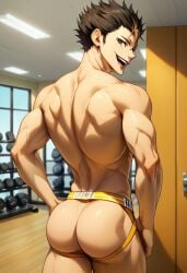 ai_generated ass back biceps black_hair blush brown_eyes gay haikyuu!! jockstrap jockstrap_only looking_at_viewer looking_back male male_only muscular muscular_male nishinoya_yuu nude_male open_mouth smile toned_body toned_male twall97 two_tone_hair