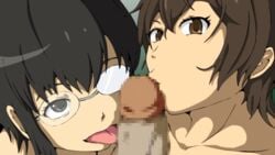 2girls arai_tamako barakamon black_eyes black_hair brown_eyes brown_hair censored collaborative_fellatio fellatio glasses hair licking looking_at_viewer mosaic_censoring multiple_fellatio multiple_girls nude oral penis_kiss short_hair teamwork woodzzz yamamura_miwa