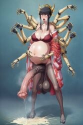 ai_generated big_breasts bleach:_the_thousand-year_blood_war body_modification embarrassed futanari fuxdess hairy handjob hands horsecock horsecock_futanari huge_balls huge_cock kimono pregnant saggy_balls shutara_senjumaru transformation