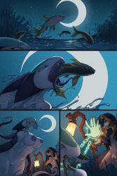 2026 2:3 absurd_res ambiguous_species anthro areola big_breasts big_tail blue_eyes bracelet breasts casting_spell catching catfish caught caught_in_the_act caught_off_guard chains cloak close-up clothing comic crescent_moon digital_media_(artwork) dripping_water duo fangs female female/female fin fish gekasso genitals grass happy hi_res hybrid jewelry lamp lantern light living_tail magic magic_user marine moon moonlight multicolored_body multiple_images night nude nude_anthro nude_female open_mouth partially_submerged plant praying pupils purple_areola rasha red_eyes river scales simple_background sky slit_pupils staff standing star tail tail_head teeth unknown_species unusual_anatomy unusual_tail vaginal_penetration vulva wet wet_body