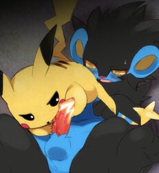 1boy 69 agemono ambiguous_gender black_eyes black_fur blue_fur blush censored erection fangs fur furry furry_only interspecies luxray male nintendo no_humans nude open_mouth oral paws penis pikachu pokemon pokemon_(species) sketch spread_legs sweat tail testicles video_games yellow_eyes yellow_fur