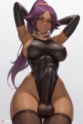 1futa acw ai_generated armpits balls bleach dark_skin erect_nipples_under_clothes erect_penis erection_under_clothes futanari huge_cock large_breasts leotard long_hair ponytail purple_hair shihouin_yoruichi sideboob solo sweat thighhighs yellow_eyes