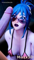 1girls bare_shoulders big_breasts big_dick big_penis bikini bikini_top blue_hair female_focus fortnite fortnite:_battle_royale glasses hope_(fortnite) looking_at_penis moxx3d penis_on_face