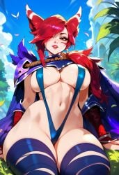 2d ai_generated animal_ears big_breasts bikini cloak day female female_focus female_only league_of_legends long_hair outdoors red_hair sling_bikini solo solo_female solo_focus swimsuit tagme xayah