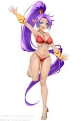 1girls arm_warmers bikini blue_eyes breasts earrings high_heel_sandals high_heels kimmy77 large_breasts looking_at_viewer midriff navel necklace o-ring o-ring_bikini o-ring_swimsuit ponytail purple_hair red_bikini red_swimsuit sandals shantae shantae_(character) shell shell_earrings standing_on_one_leg swimsuit