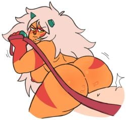 anonymous_male back_view body_markings breasts cheekers female_focus femdom gem gem_(species) grin grinding horns jasper_(steven_universe) large_ass leash leashed_pov long_hair orange_body sex steven_universe white_hair