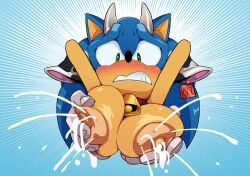 animal_print anthro big_breasts blush bodily_fluids bovid_horn bovine_horn breast_grab breasts cow_horn cow_print cowbell duo female hand_on_breast hi_res horn huge_breasts lactating male male/female nipples rule_63 sega somedivs sonic_(series) sonic_the_hedgehog sonic_the_hedgehog_(series)