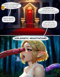 1girls ai_generated blonde_hair blush bokoblin elf forest_background heavy_breathing kuvi0 large_penis link_(tears_of_the_kingdom) monster monster_cock nintendo open_mouth penis penis_awe penis_on_face princess_zelda self_upload short_hair text text_bubble the_legend_of_zelda tongue_out zelda_(tears_of_the_kingdom)