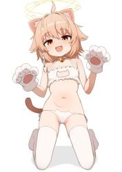 :3 :d ahoge animal_ear_fluff animal_ears animal_hands bell blonde_hair cameltoe cat_cutout cat_ears cat_tail claw_pose clothing_cutout commission female flat_chest full_body gloves halo highres jingle_bell kneeling looking_at_viewer lowleg lowleg_panties medium_hair mikoscrub navel neck_bell original panties paw_gloves side-tie_panties smile solo star_halo tail thighhighs underwear white_gloves white_panties white_thighhighs