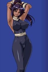 1girls armpits arms_behind_head bleach breasts clothed clothes_on confident covered_nipples dark_skin female girl kagami_hirotaka large_breasts latex latex_skinsuit pose posing purple purple_hair seductive seductive_smile sexy_armpits shihouin_yoruichi smile solo_female tight_clothes