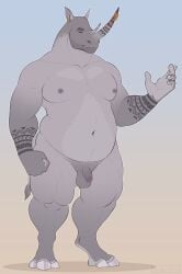 2024 2_horns anthro arm_tattoo balls belly biceps big_belly ear_piercing fist flaccid foreskin furgonomics furry-specific_piercing genitals grey_body grin hi_res hooves horn horn_piercing horn_tattoo humanoid_genitalia humanoid_penis looking_at_viewer male mammal markings masonparker moobs musclegut muscular navel nipples nude overweight penis piercing realistic_penis_size rhinoceros simple_background small_penis smile solo standing stubble tattoo thick_thighs tribal tribal_markings triceps unretracted_foreskin yellow_eyes