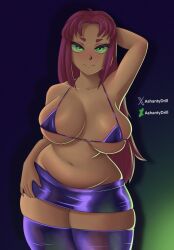 1girls ashantydrill bedroom_eyes blush breasts cartoon_network dc_comics female green_eyes huge_breasts looking_at_viewer red_hair skimpy_clothes skindentation slightly_chubby starfire teen_titans thick_thighs tight_clothing wide_hips