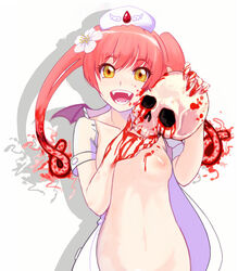 artist_request blood clothing cute_fang ebola-chan flower hat looking_at_viewer nipples nurse open_clothes original original_character pink_hair skull small_breasts smile tied_hair twintails yellow_eyes