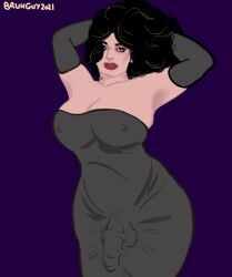 arm_sleeves armpits black_hair blue_eyes bulge bulge_through_clothing bulge_under_clothes futa_only futanari grey_dress hands_behind_head jojo's_bizarre_adventure lisa_lisa looking_at_viewer nipple_bulge