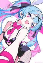 1girls big_breasts blue_eyes blue_hair bunny_ears bunny_girl bunny_tail bunnysuit hatsune_miku heart long_hair pink_eyes pink_hair rabbit_hole_(vocaloid) ribbon smile thighs twintails vocaloid