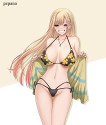 1girls alternate_breast_size areola_slip bikini black_bikini blush cloth earrings female female_only floral_print grin human kitagawa_marin large_breasts long_nails nail_polish official_alternate_costume open_clothing painted_nails pzpana smile solo sono_bisque_doll_wa_koi_wo_suru