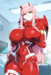 (darling_in_the_franxx) ai_generated big_breasts breasts curvy dark_skin green_eyes huge_breasts interracial large_breasts long_hair massive_breasts narrow_waist of pinl_hair thick_thighs vaporeeoniteai wide_hips zero_two_(darling_in_the_franxx)