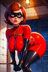 ai_generated bodysuit erect_nipples_under_clothes helen_parr huge_breasts latex_bodysuit latex_boots latex_gloves mask rope_bondage the_incredibles thick_thighs