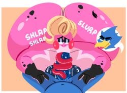1boy1girl amphibian anthro ass ass_built_separately ass_up avian beak big_penis bigger_female bird blep blowjob blue_body bubble_butt countershade_torso countershading fellatio female female_focus freckles_on_face frog furry gloves_(marking) half-closed_eyes hoovedleader huge_ass hyper_ass laying_down long_tongue looking_down looking_pleasured male mascara oc onomatopoeia original_character penis pink_body rocco_(roccorox) saliva saliva_on_penis size_difference spruce_(hoovedleader) two_tone_body veiny_penis yellow_hair