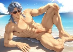 abs ai_generated bara beach dick gay glasses lying male male_only penis seaside shaved_pussy solo yaoi