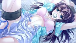 arms_up bed black_tape blue_eyes bondage bra collarbone drooling female frilled_bra gag gagged game_cg looking_at_viewer midriff misumi_aina navel on_back open_clothes open_shirt panty_gag saeki_hokuto shirt short_sleeves solo tape taped_leg tsukumo_no_kanade