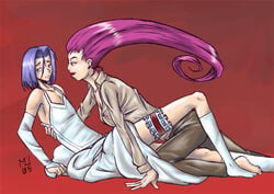 1boy 2005 bad_anatomy barefoot blue_hair blush canon_crossdressing crossdressing dress female fully_clothed garter girly gloves human james_(pokemon) jessie_(pokemon) knee_highs long_hair lowres male marshu pokemon red_hair sexually_suggestive short_hair socks straight suit team_rocket