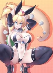 animal_ears areola_slip armpits arms_up black_thighhighs blonde_hair blue_eyes bowsette breasts bunny_ears bunnysuit collar fake_animal_ears highres hotvr large_breasts leotard mario_(series) new_super_mario_bros._u_deluxe see-through_clothing squatting tagme tail thighhighs transparent_bunnysuit