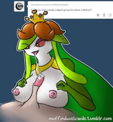 anoddscot anthro areola breasts color crown cum cum_on_tongue female hair human lilligant male mammal nintendo nipples paizuri penis plain_background pokemon pokephilia red_eyes straight tongue video_games white_skin