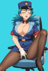 black_heels breasts chair female female female_only green_hair miniskirt nintendo officer_jenny_(pokemon) paulinebabe pokemon police_hat police_uniform touching_panties white_glove