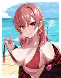 1girls absurdres badge beach bikini breasts breath button_badge cleavage collarbone earrings fuchi_(fuchi_1106) heart heart_earrings heterochromia highres hololive hololive_fantasy hololive_japan houshou_marine houshou_marine_(summer) jacket jewelry large_breasts looking_at_viewer navel nipple_slip nipples ocean off_shoulder official_alternate_costume parted_lips red_eyes red_hair sand smile solo straight_hair sweat swimsuit untied_bikini untying upper_body virtual_youtuber water wet wet_clothes wet_swimsuit yellow_eyes