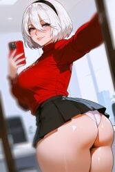 ai_generated ass ass_focus blurry_background blush holding_phone huge_ass huge_breasts looking_at_viewer miniskirt mirror mirror_selfie nier:_automata office office_lady panties puffy_lips red_lipstick selfie shiny_skin shirt skirt smile smirk sweat sweater thick_thighs tight_clothing white_panties yorha_2b