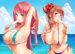 2girls aqua_bikini areola_slip arm_up bad_id bad_pixiv_id bangle beach bikini bikini_pull bird blush bracelet breasts brown_hair clothes_pull cloud collarbone covered_erect_nipples day erect_nipples erect_nipples_under_bikini erect_nipples_under_clothes flower food food_in_mouth green_bikini green_eyes hair_flower hair_ornament hairclip hibiscus ice_cream jewelry large_breasts long_hair looking_at_viewer melting messy micro_bikini multiple_girls mushi_aoi navel nipples_visible_through_clothing ocean open_mouth original outdoors pink_hair popsicle pulling_own_clothes purple_bikini red_eyes sexually_suggestive side-tie_bikini_bottom sky swimsuit tongue